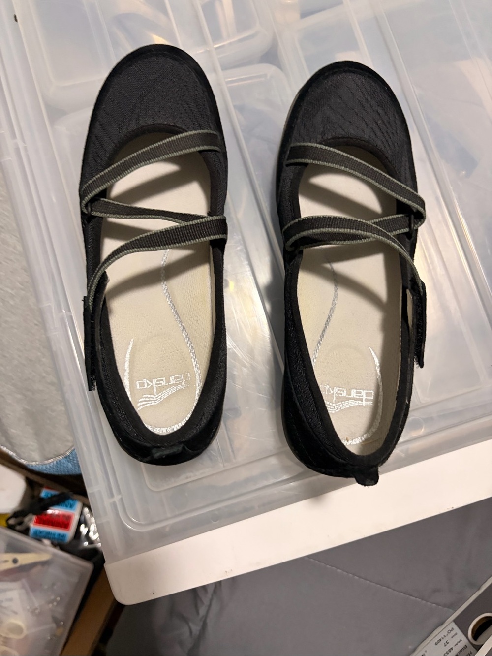 Dansko Black Mary Jane Flats with Olive Straps
